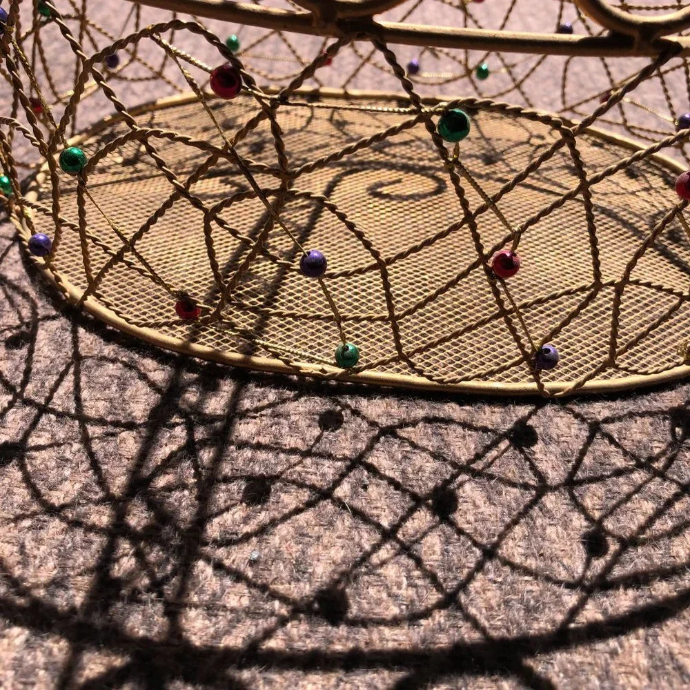 Pier 1 Gold Wired Red Green Purple Beads Tray Basket Storage Decor 11' x 9